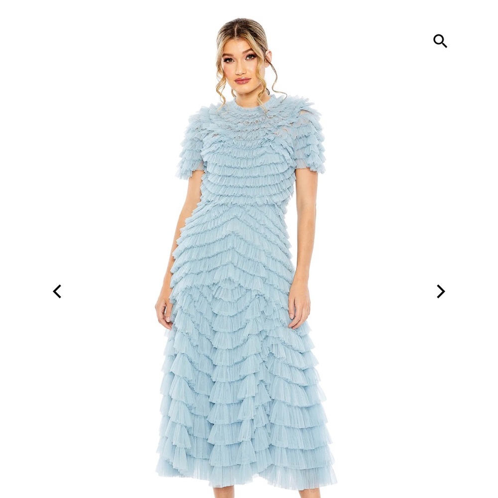 Blue Ruffled Tiered Midi Gown for Wedding Guest